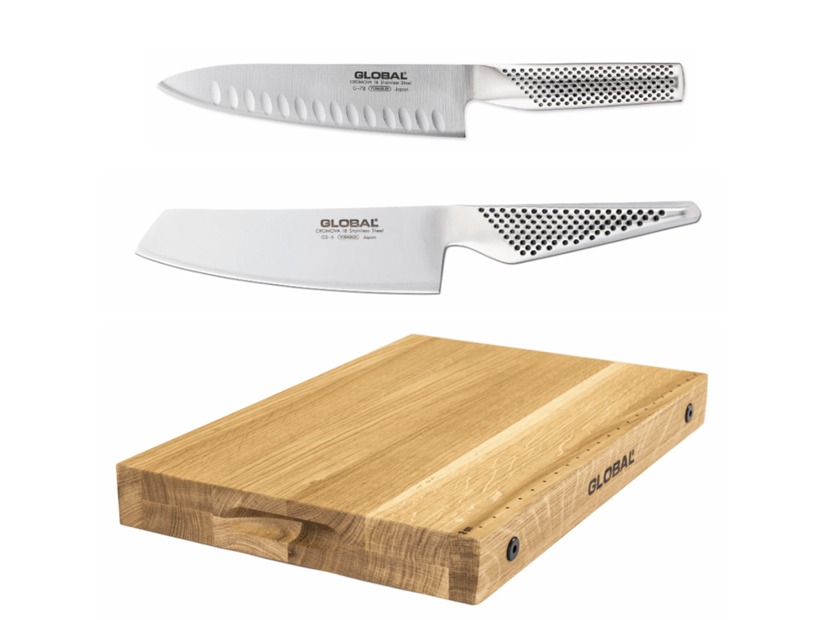 Knivset i 2 delar - Kockkniv & Grönsakshacka med skärbräda i ek