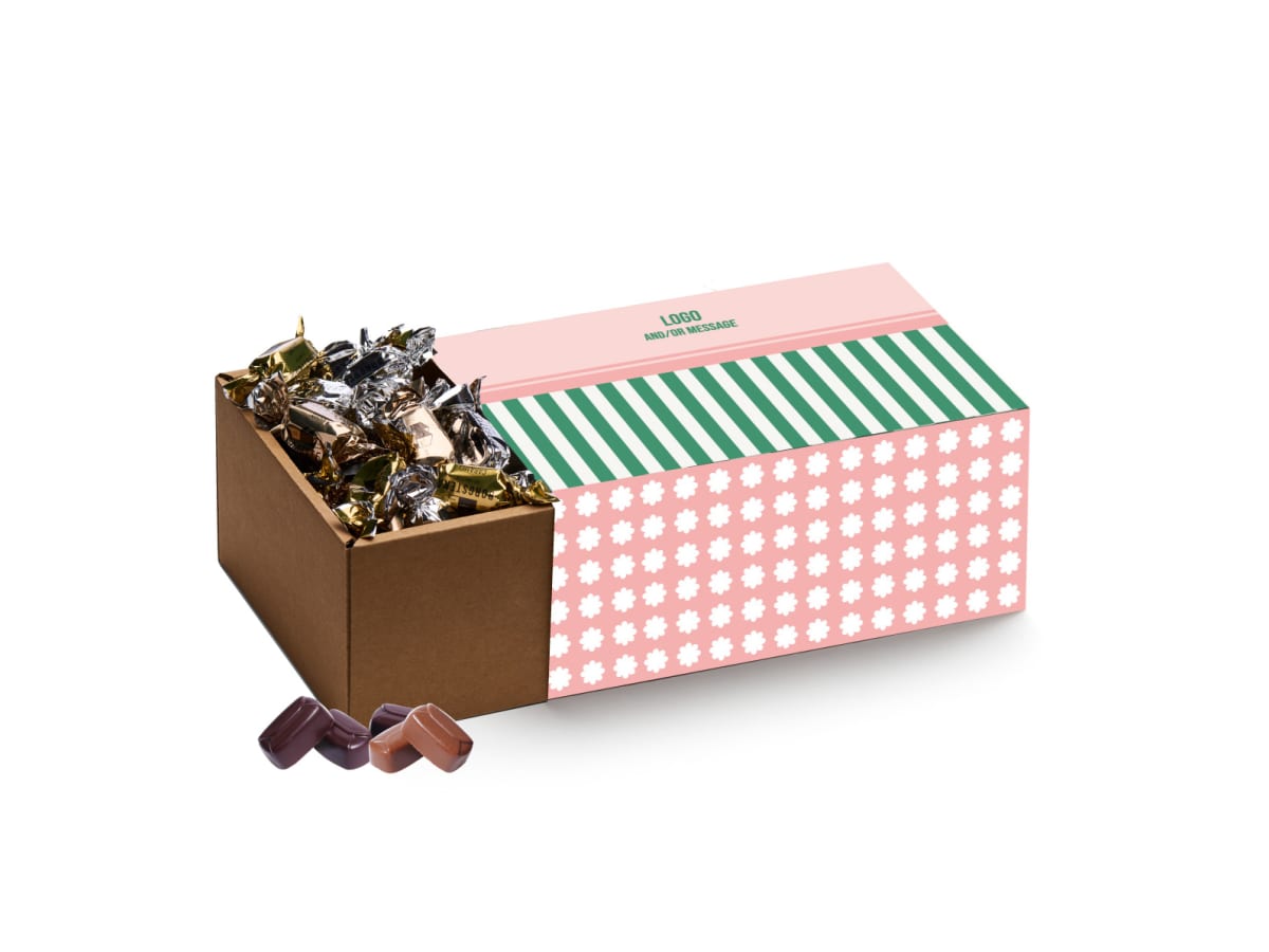 Färgglad låda med 1 kg choklad & logotyp 
