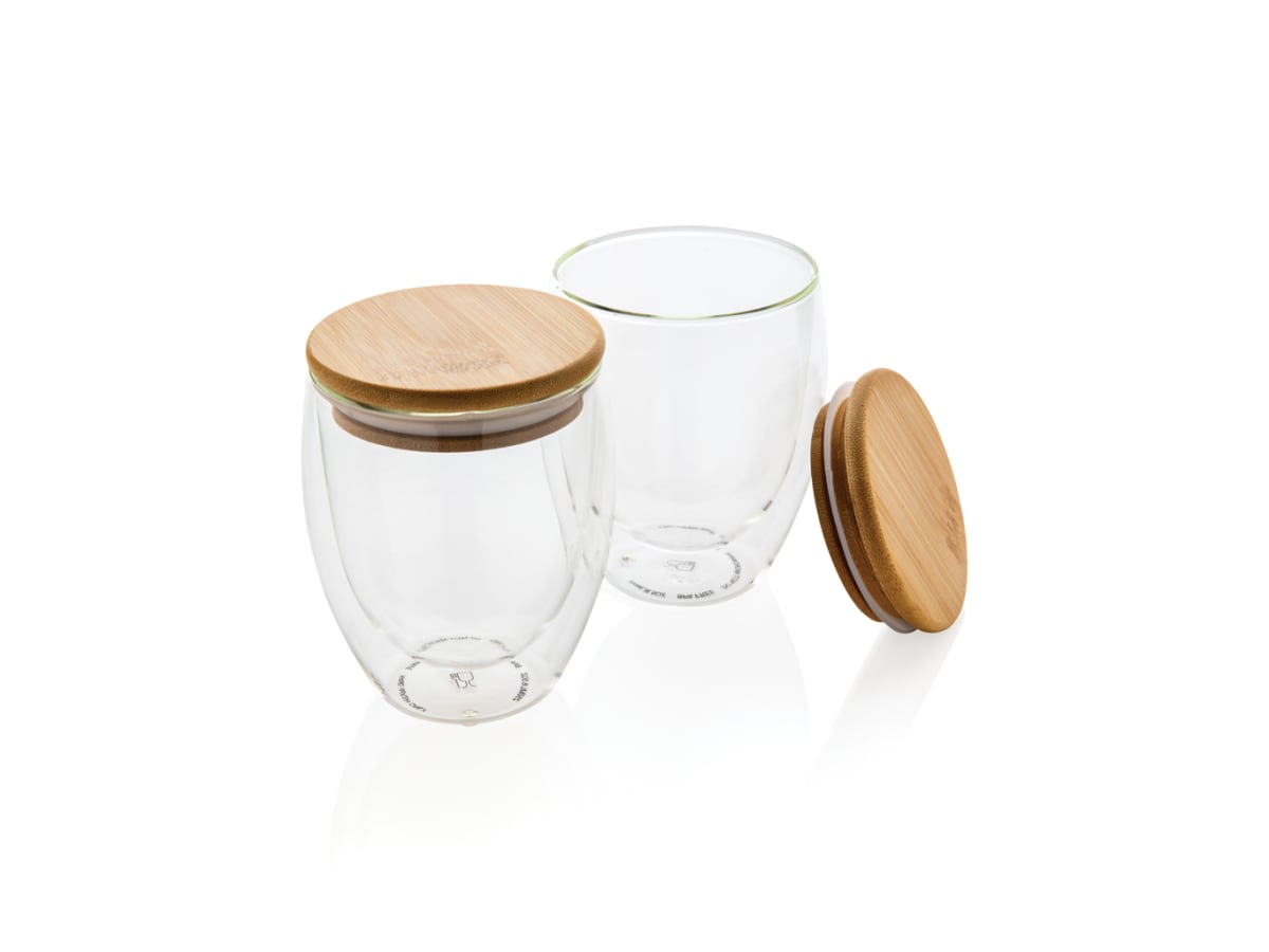 Dubbelväggigt borosilikatglas med bambulock, 250ml, 2-pack