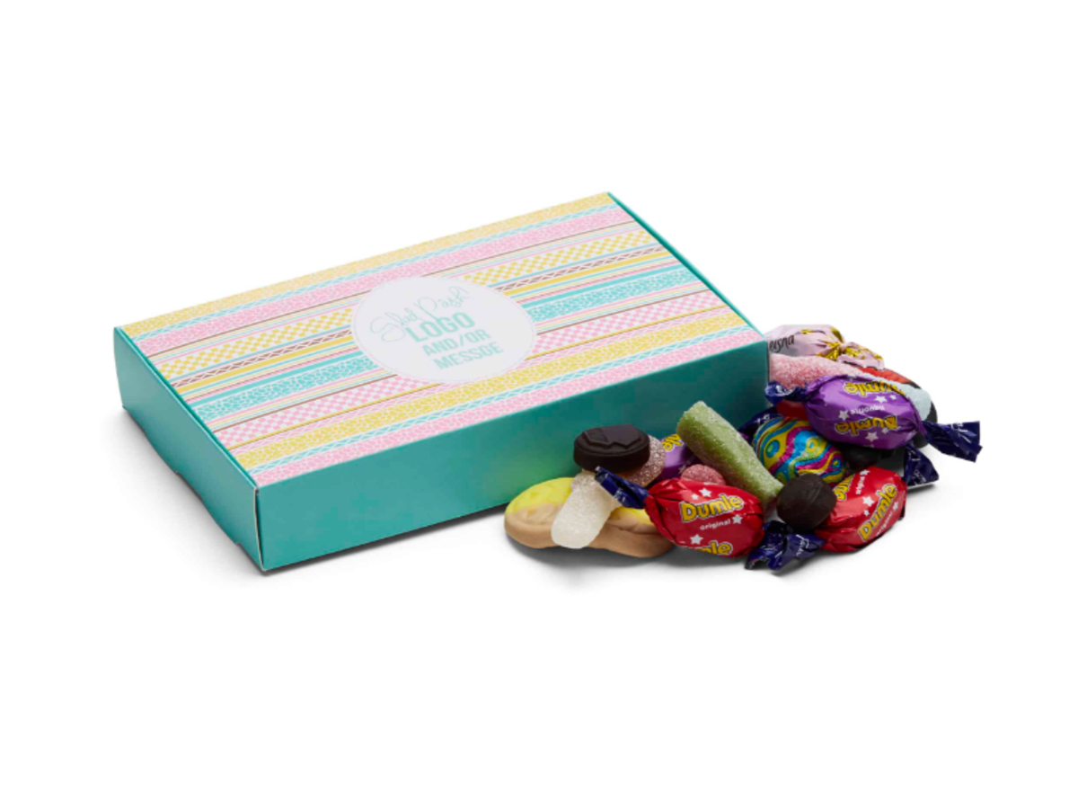 Presentask Mailbox, 250 gr med godismix & logotyp