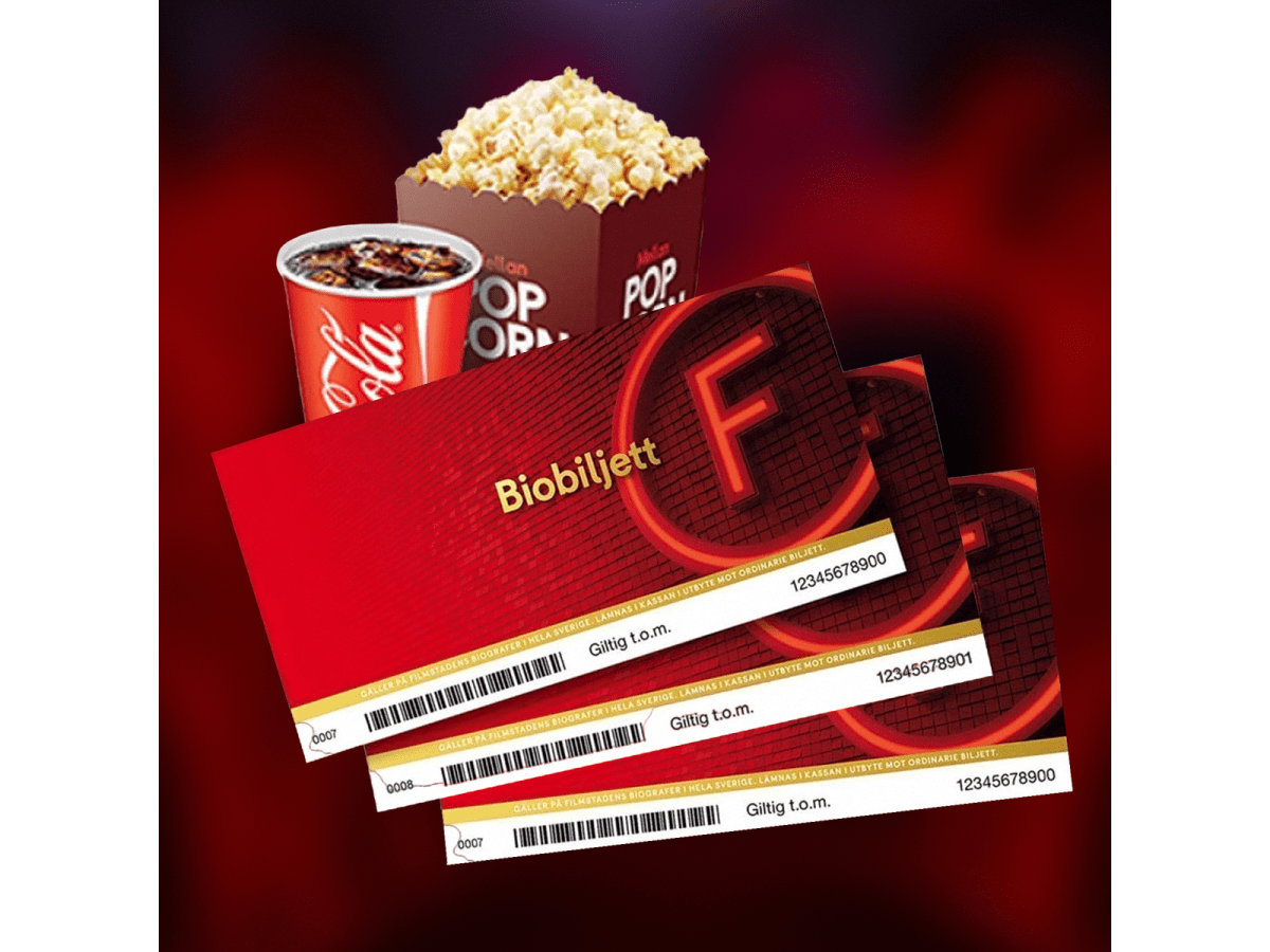 3 biobiljetter + 1 st Biomeny från Filmstaden