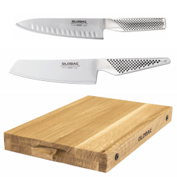 0. Knivset i 2 delar - Kockkniv & Grönsakshacka med skärbräda i ek