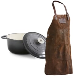 0. Skinnförkläde & Gjutjärnsgryta