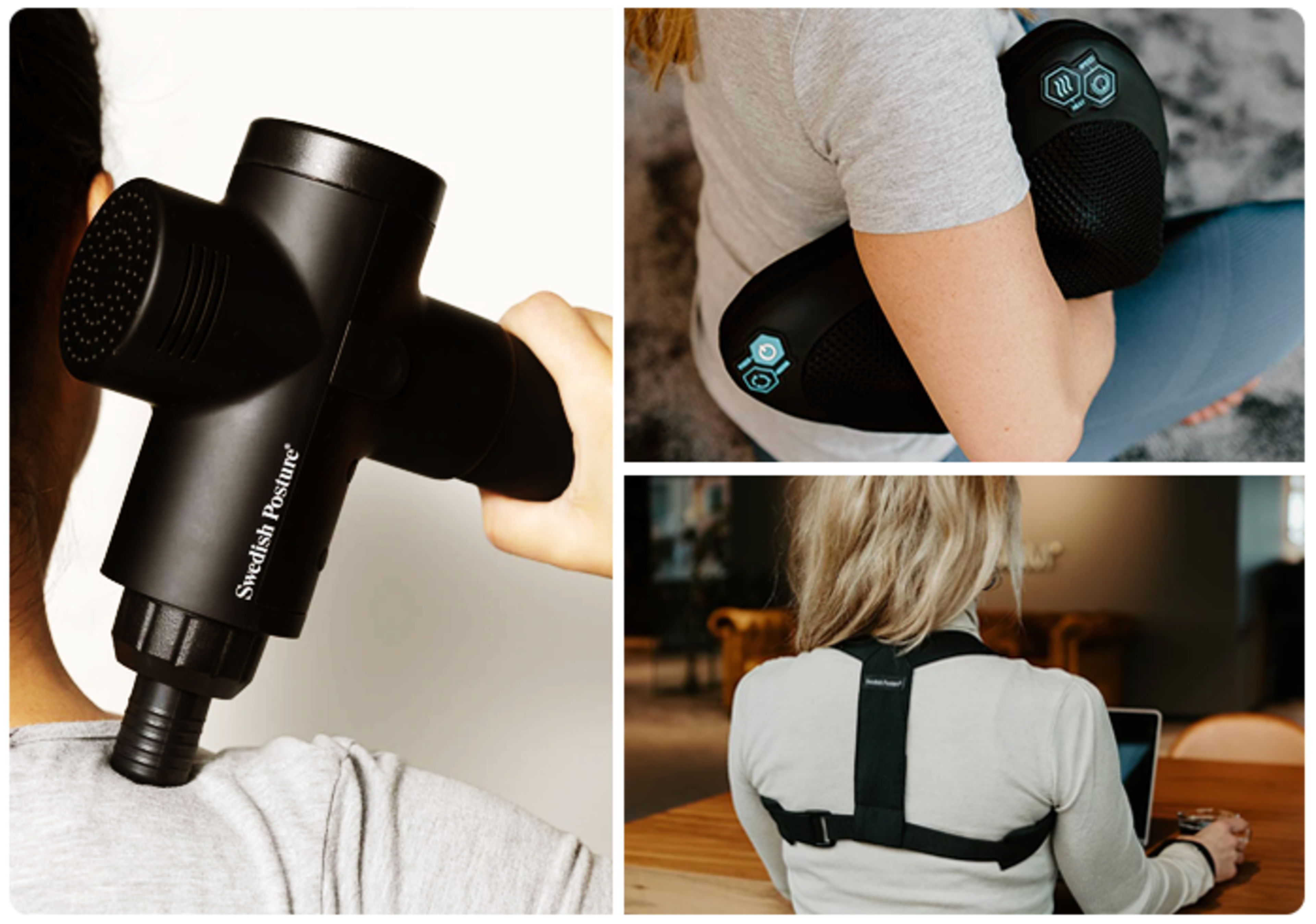 Ett urval av Swedish Postures produkter som finns i Charmas sortiment.