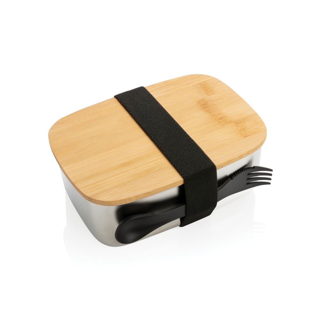 Madkasse i rustfrit stål med bambuslåg og spork