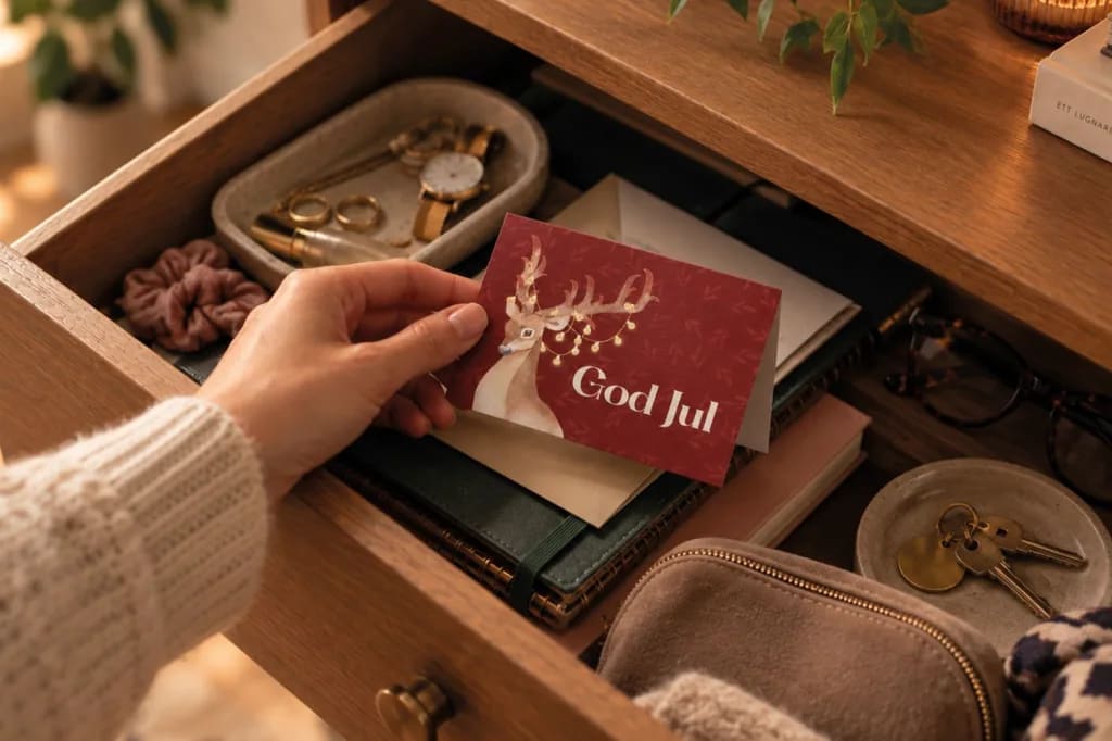 Hand som håller ett rött julkort med en ren och texten God Jul, ovanför en låda med nycklar, klocka och anteckningsbok