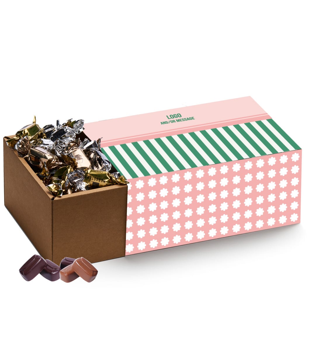 Färgglad låda med 1 kg choklad & logotyp 