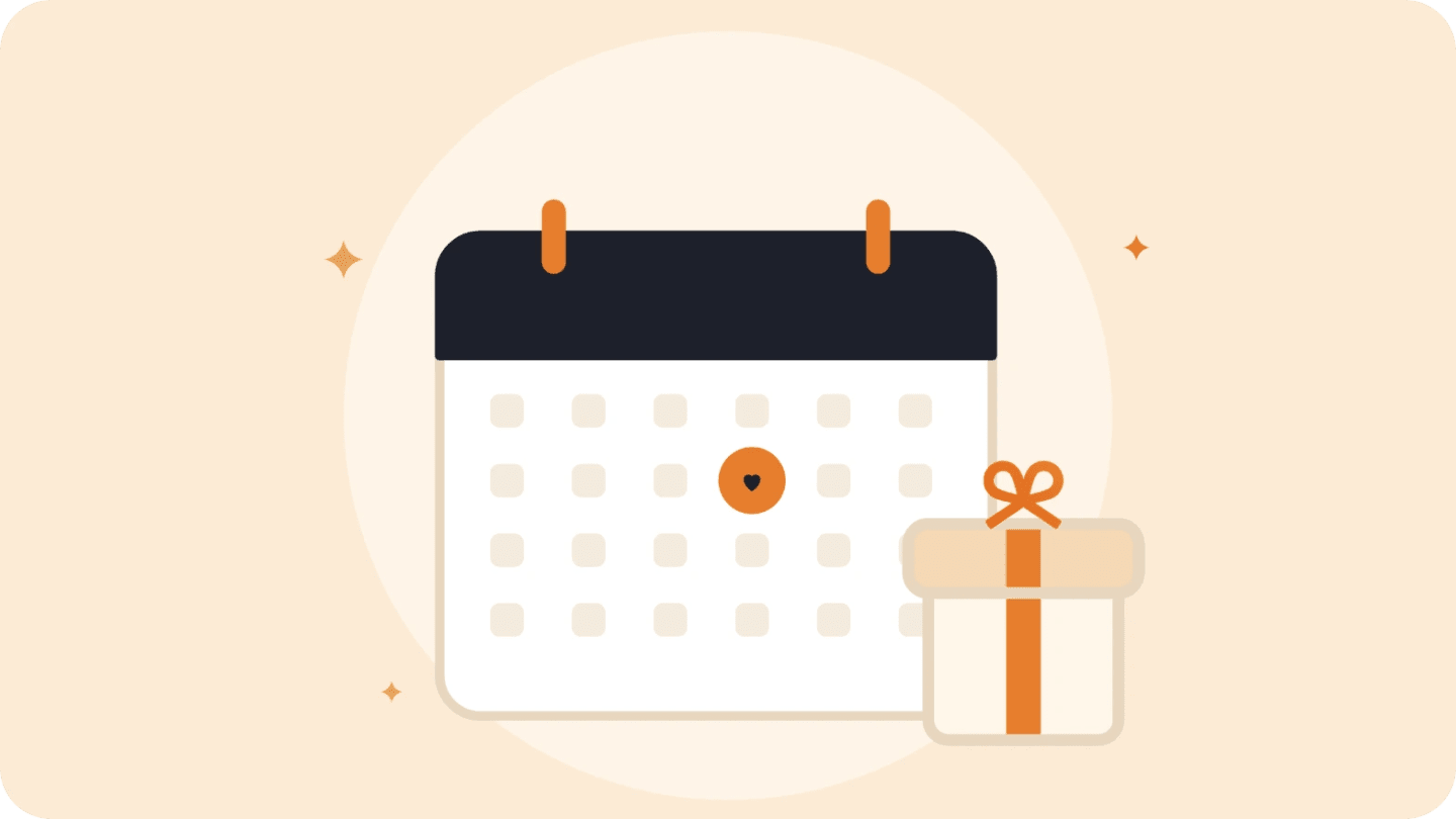 Kalender med markerad födelsedag och en inslagen present