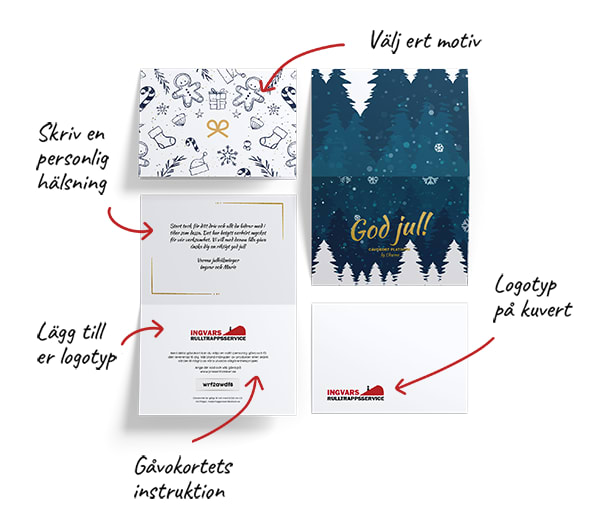 Gåvokort med eget motiv, personlig hälsning och företagets logotyp på kort och kuvert.