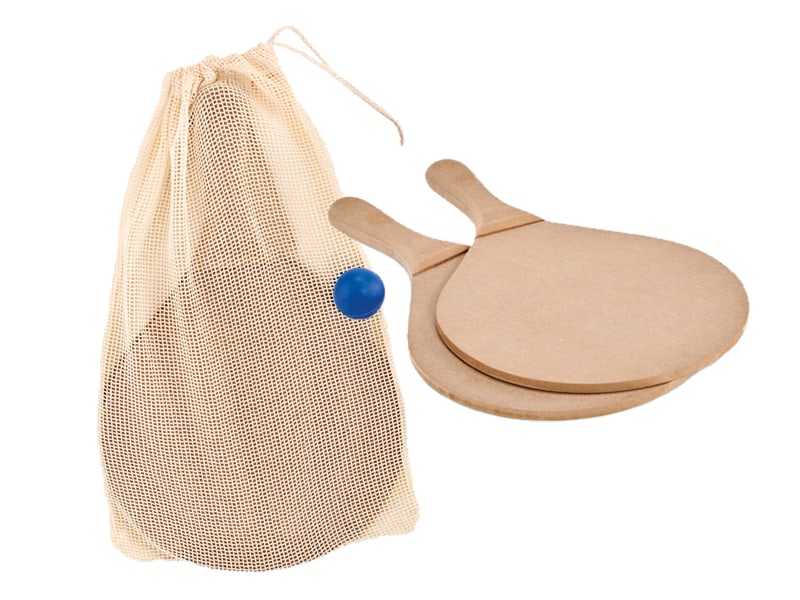 Strandtennis-set med racket och boll i nätbomullspåse