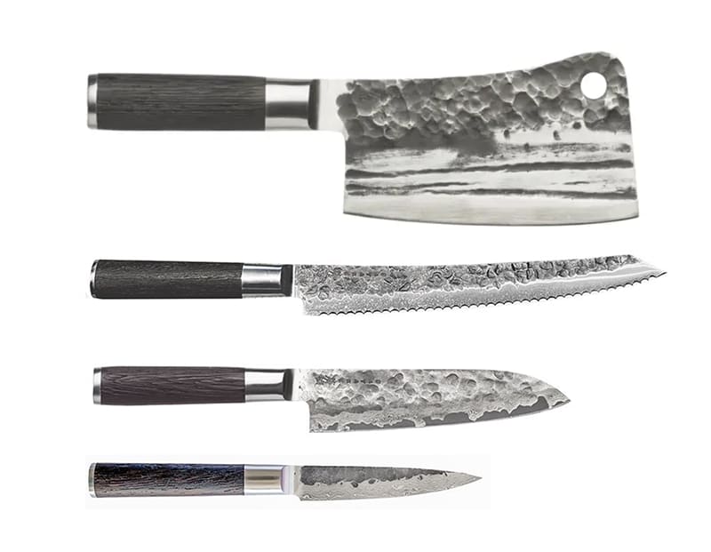 Knivsæt i 4 dele med brødsav, Santoku, Petty & Chopper