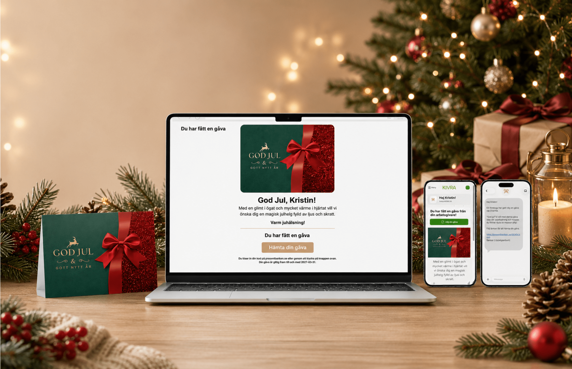 Leverans av Charmas julgåvokort via Kivra, e-post, SMS eller post