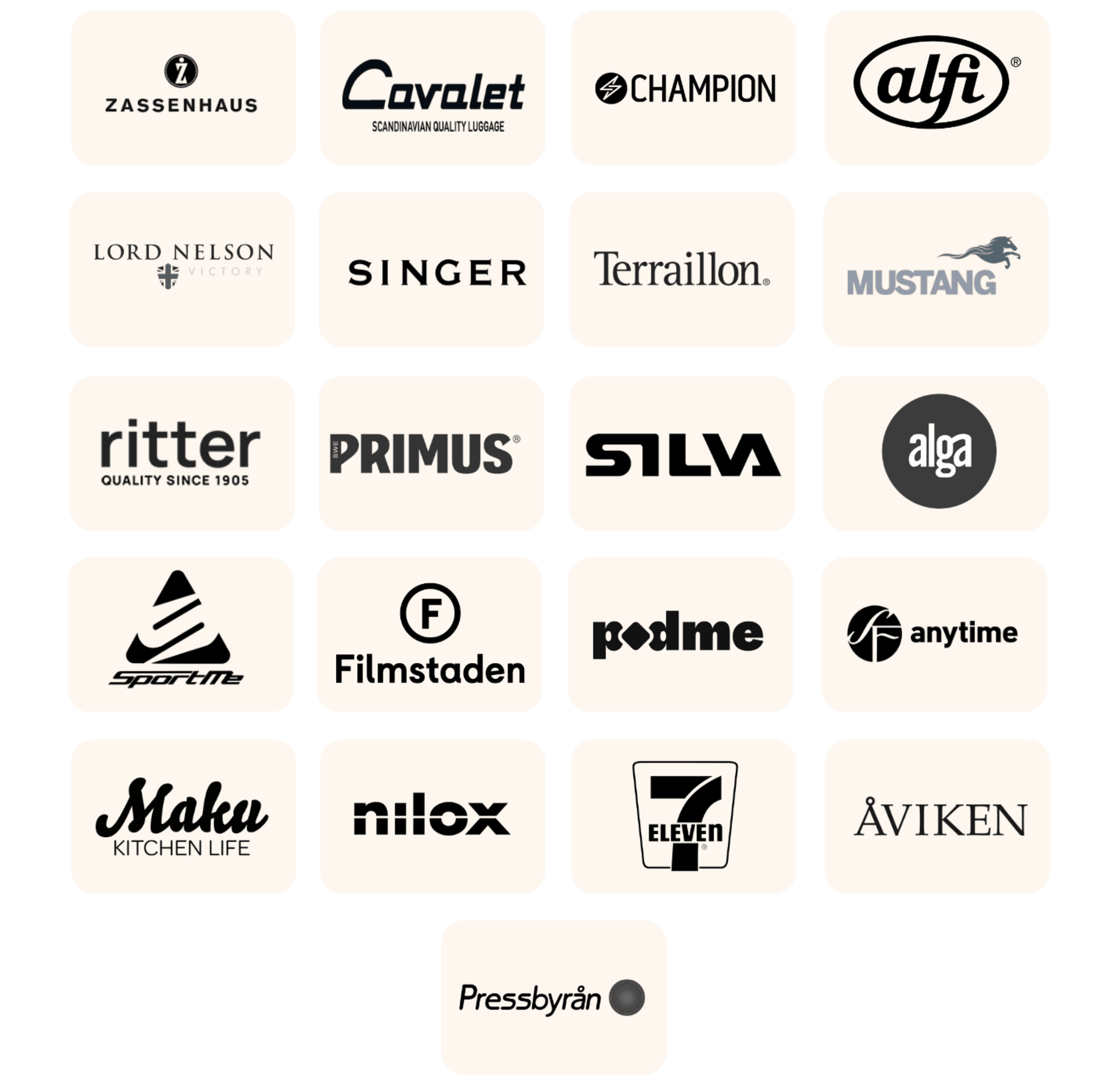 Varumärkeskollage 3 (Zassenhaus, Cavalet, Singer, Primus, Filmstaden, Podme, 7-Eleven m.fl.)