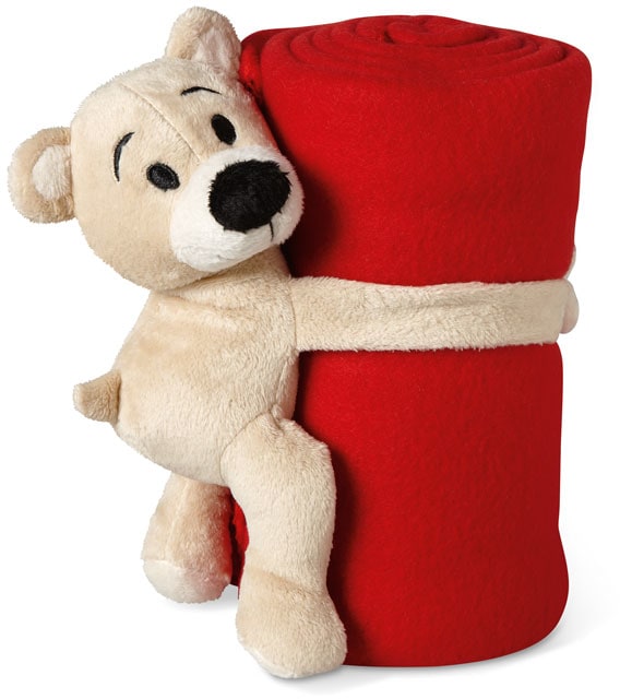 Fleece-filt med en nalle på med logotyp, Företagsgåvor