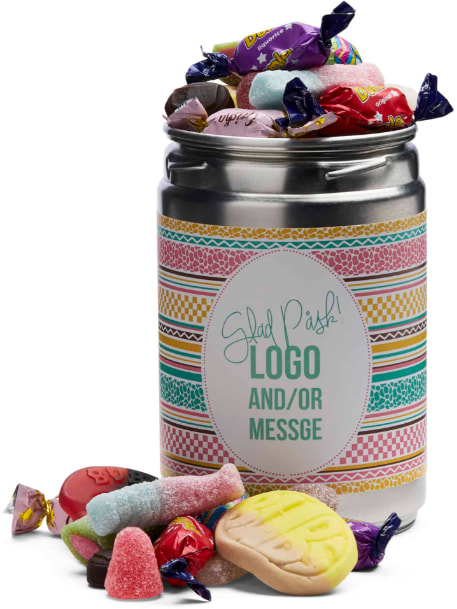 Easter Can, 250 gr med påskmix & logotyp, Företagsgåvor