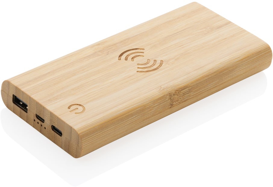 8.000 mAh, 5W trådlös powerbank i bambu med logotyp, Företagsgåvor
