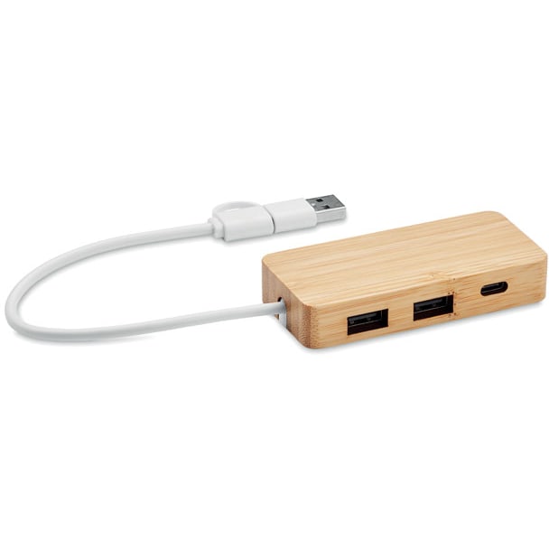 USB-hubb med 3 portar i bambu med logotyp, Företagsgåvor