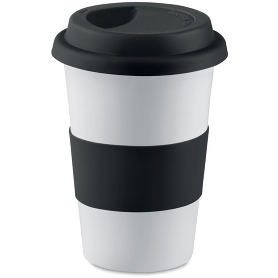 Keramik mugg med lock och grep med logotyp, Företagsgåvor