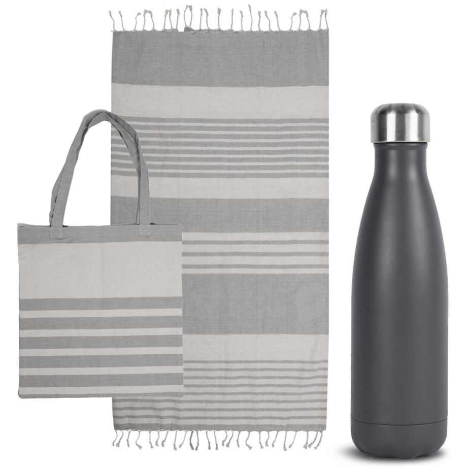 Kit med hamamhandduk, bomullspåse & stålflaska med logotyp, Företagsgåvor