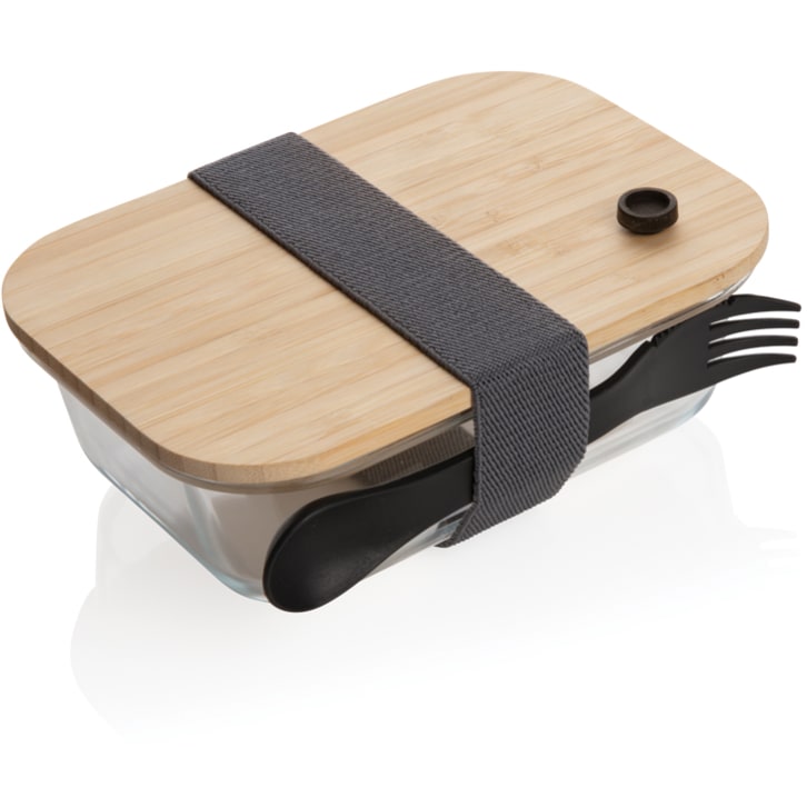 Lunchlåda i glas med bambulock med logotyp, Företagsgåvor