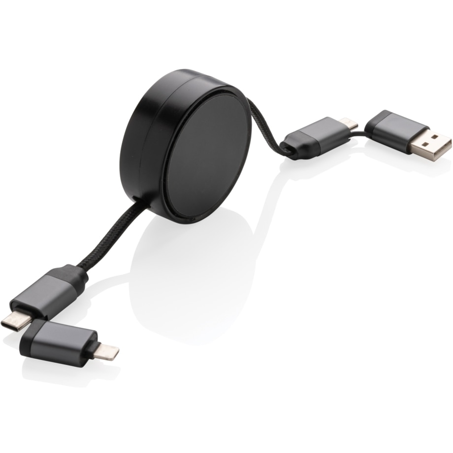 Terra utdragbar 6-i-1 kabel i RCS återvunnen aluminium 45w med logotyp, Företagsgåvor