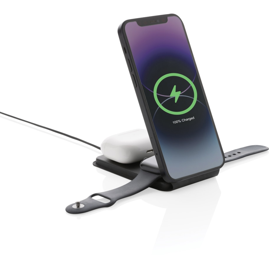Swiss Peak 15W 3-i-1 magnetisk trådlös laddare RCS PU med logotyp, Företagsgåvor