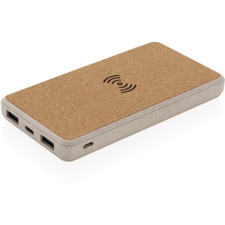 Kork och vete 8.000 mAh powerbank med 5W trådlös laddning med logotyp, Företagsgåvor