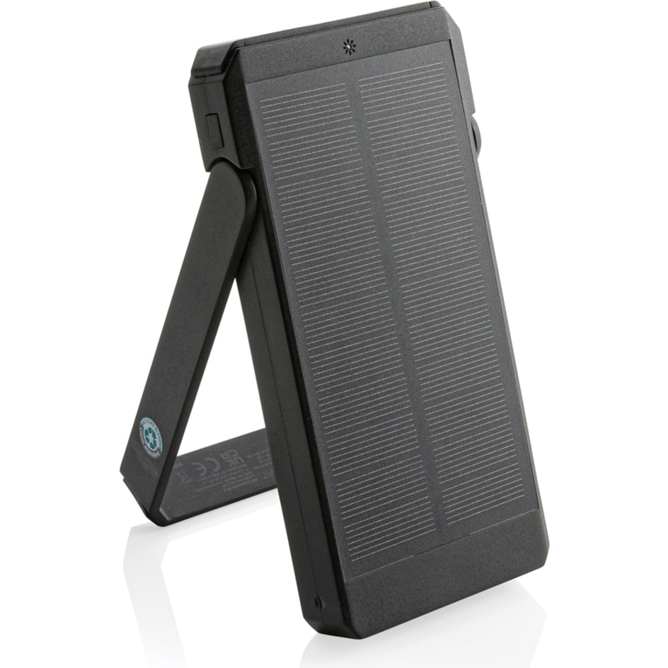 Skywave 10.000 mAh solcellspowerbank RCS återvunnen plast med logotyp, Företagsgåvor