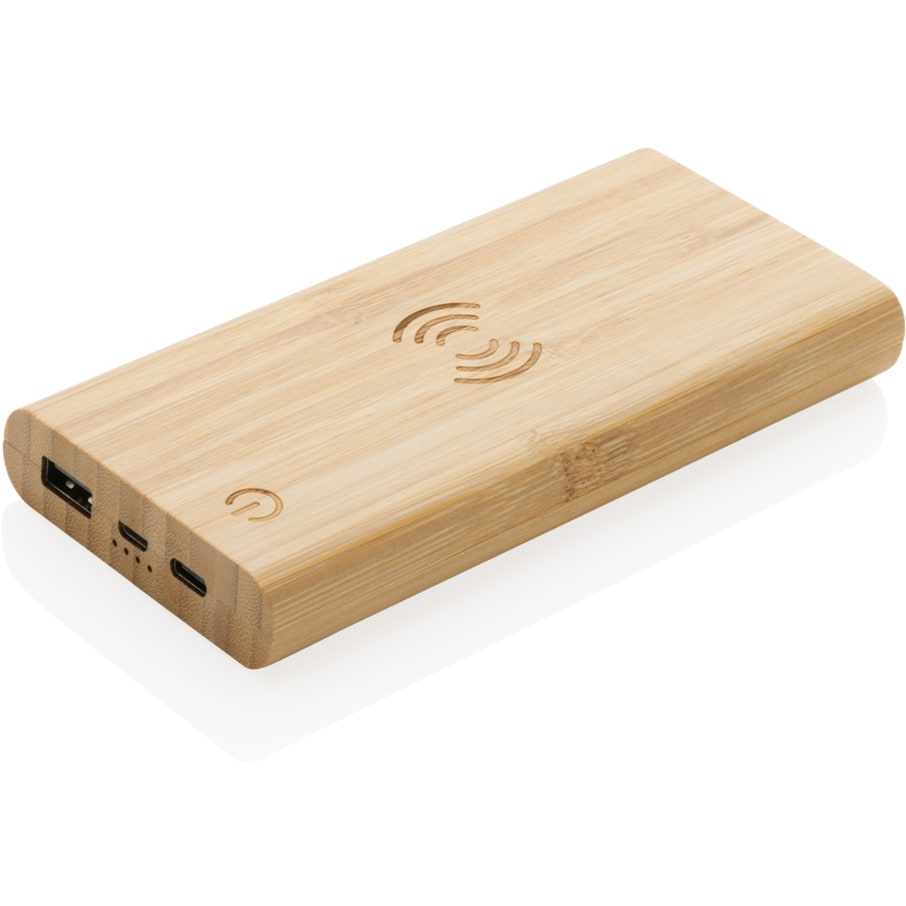 8.000 mAh, 5W trådlös powerbank i bambu med logotyp, Företagsgåvor
