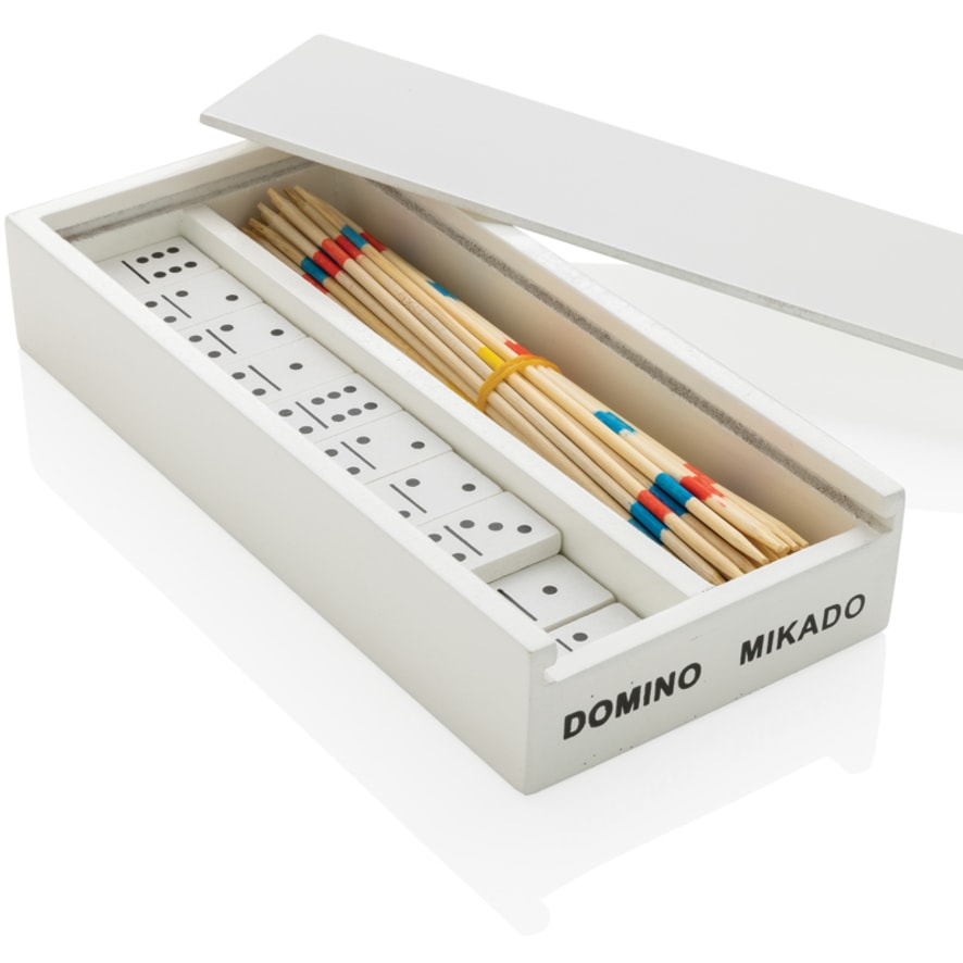 Mikado (plockepinn) / domino i trälåda med logotyp, Företagsgåvor