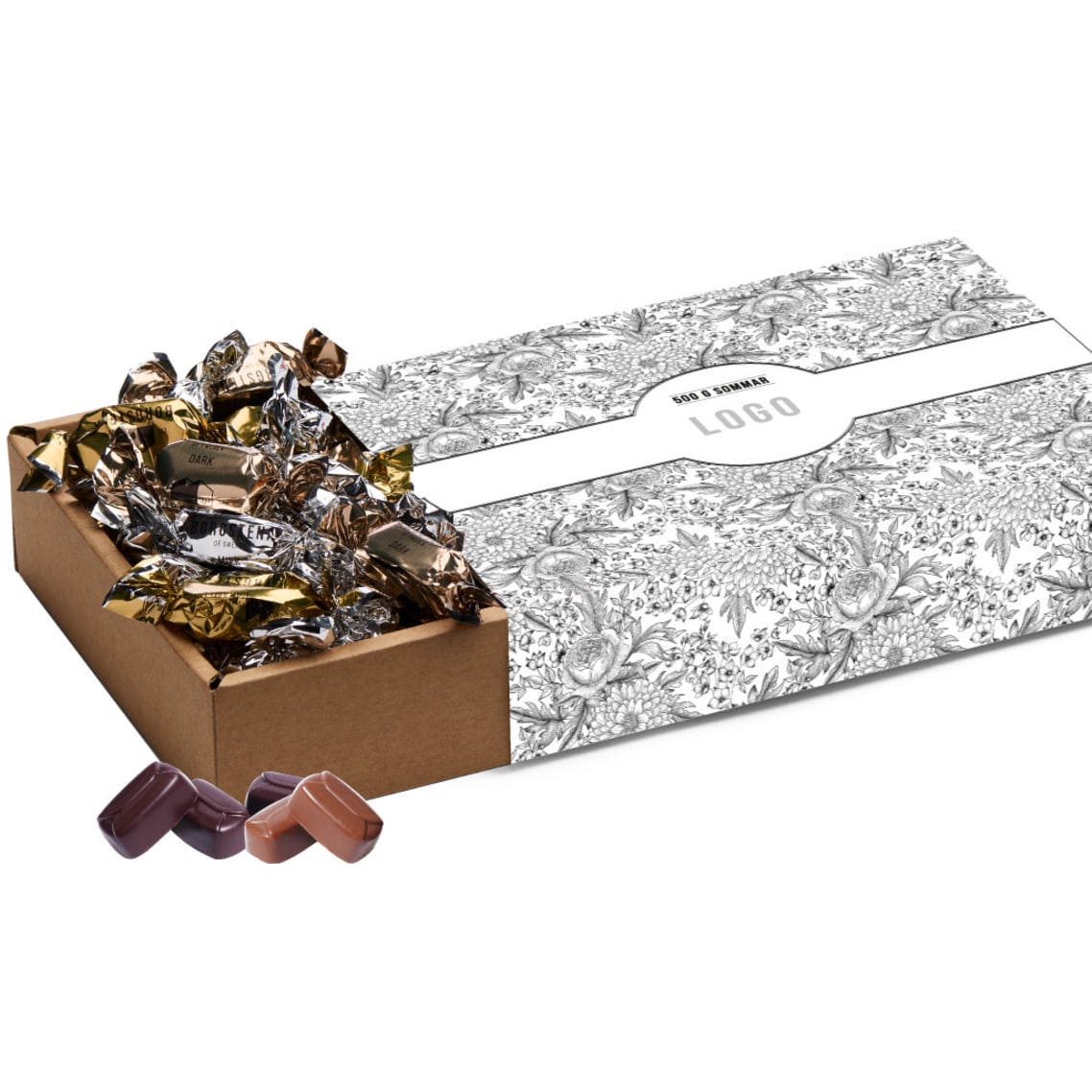Sommarlåda med 500 gr choklad & logotyp, Företagsgåvor