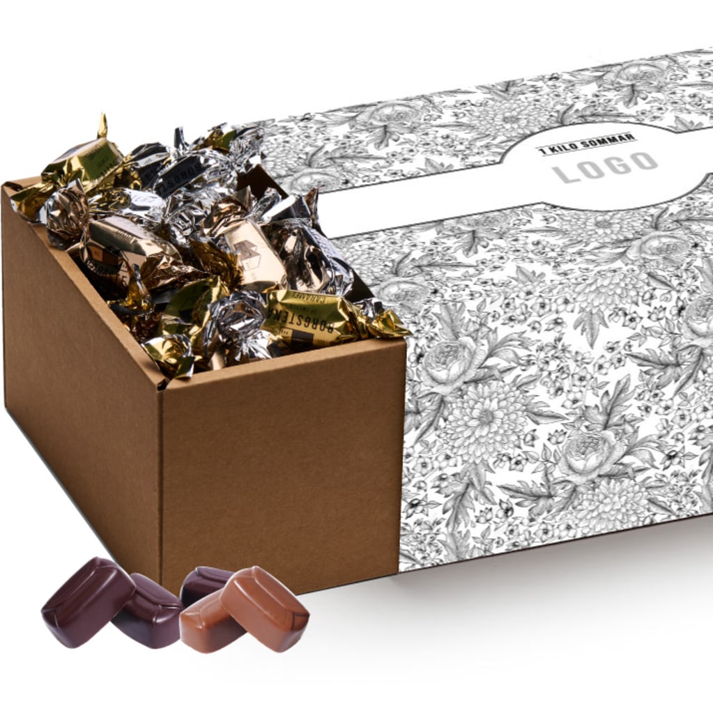 Sommarlåda med 1 kg choklad & logotyp, Företagsgåvor